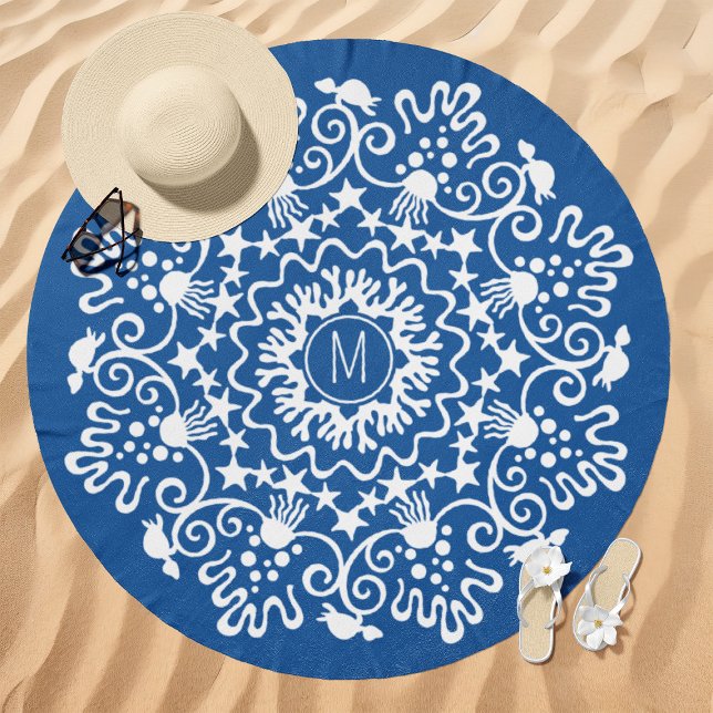Ocean Life Mandala Monogram Blue Beach Towel (Creator Uploaded)