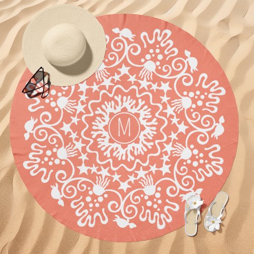 Ocean Life Mandala Monogram Coral Pink Beach Towel