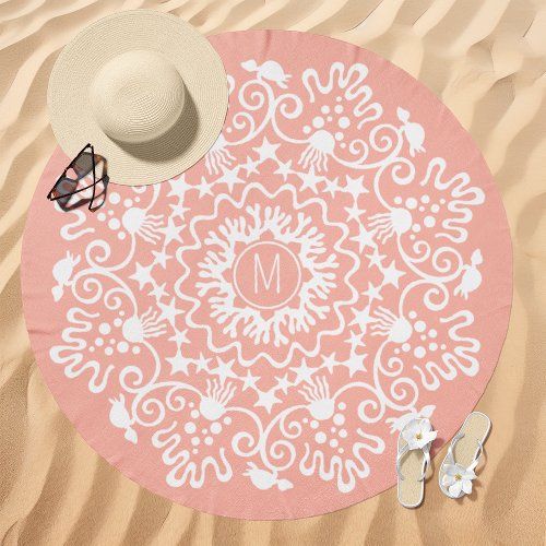 Ocean Life Mandala Monogram Pale Peach Beach Towel