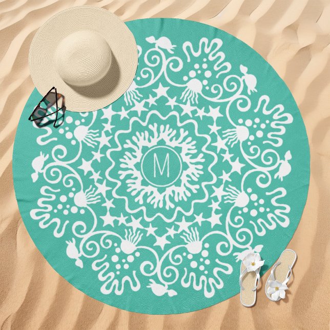 Ocean Life Mandala Monogram Seafoam Green Beach Towel (Creator Uploaded)