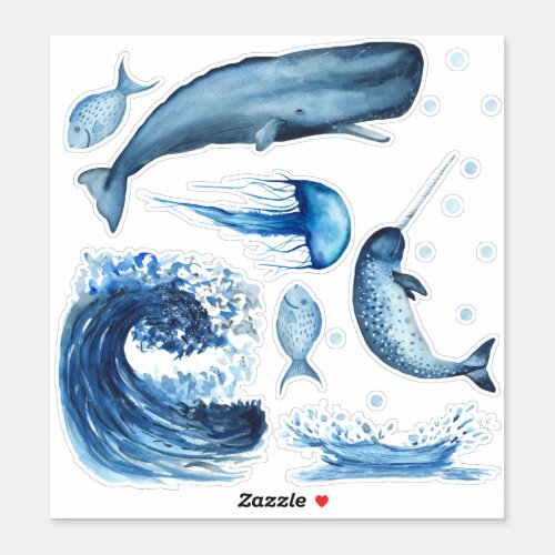 Ocean Life Narwhal Whale Fish Waves Sticker