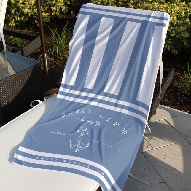Ocean Life Nautical Blue & White Stripe Anchor Beach Towel (Creator Uploaded)
