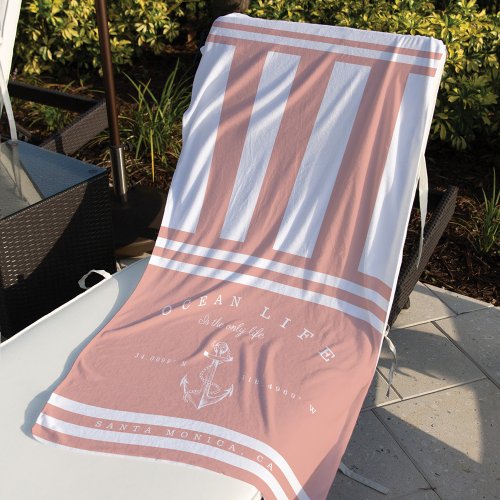 Ocean Life Nautical Blush  White Stripe Anchor Beach Towel