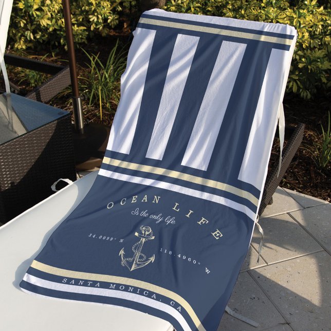 Ocean Life Nautical Grey & Yellow Stripe Anchor Beach Towel (Creator Uploaded)