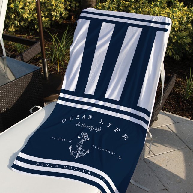 Ocean Life Nautical Navy & White Stripe Anchor Beach Towel (Creator Uploaded)