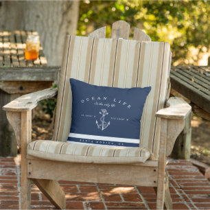 Ocean Life Nautical Navy & White Stripe Anchor Outdoor Pillow