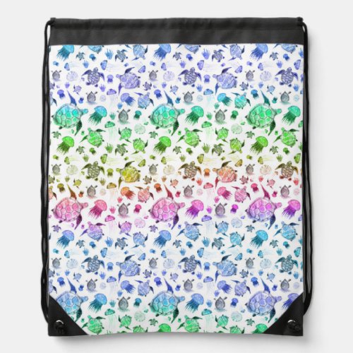 Ocean Life _ Rainbow Colors Drawstring Bag