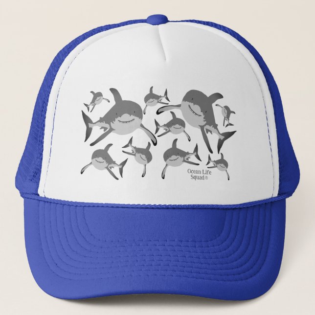 Ocean Life Squad Playful Gray Cartoon Shark Art Trucker Hat (Front)