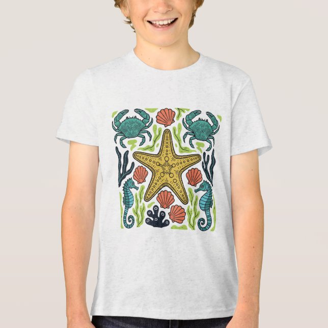 Ocean Life Symphony – Starfish, Seahorses & Crabs Tri-Blend Shirt (Front)