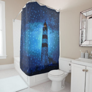 Ocean lighthouse a dark blue night with drops shower curtain