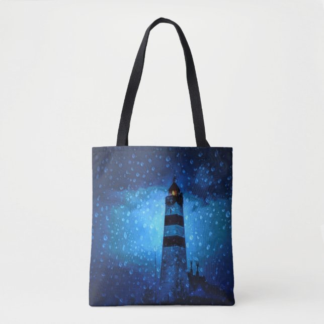 Ocean lighthouse a dark blue night with drops tote bag (Front)