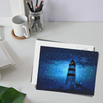 Ocean Lighthouse A Dark Blue Night With Raindrops Postcard by Nordic_designs at Zazzle