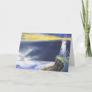 Ocean Lighthouse At Night Folded Greeting Card