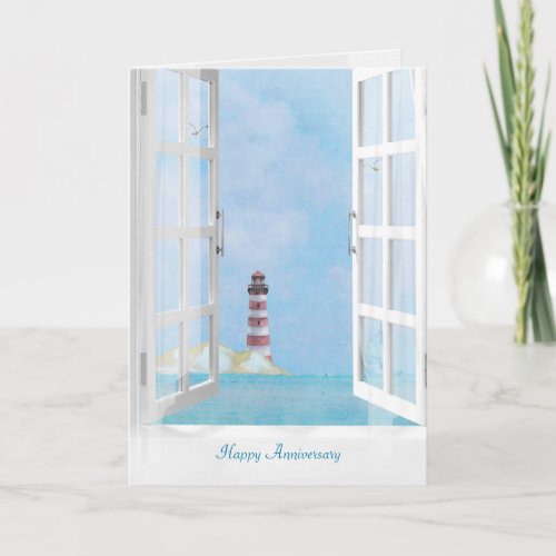 Ocean Lighthouse in window watercolor anniversary Card