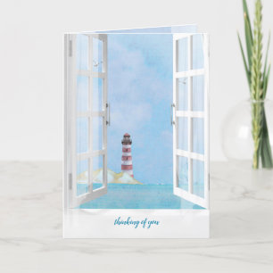 Ocean lighthouse in window watercolor card