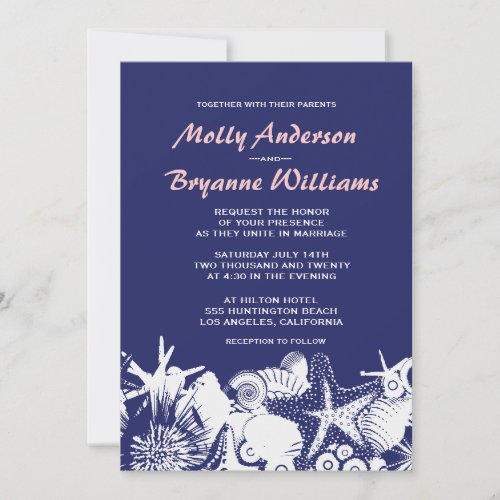 Ocean Love Navy Artsy Seashells Beach Wedding Invitation