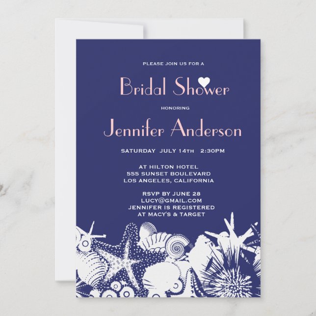 Ocean Love Navy Seashells Chic Bridal Shower Invitation (Front)