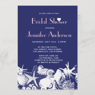 Ocean Love Navy Seashells Chic Bridal Shower Invitation