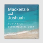 Ocean Magnet Beach Wedding Favor or Keepsake<br><div class="desc">Ocean magnet for a couple's beach destination wedding featuring their name, wedding date, and location with a deep turquoise blue tropical sea wave coming on shore to a soft sandy beach. These sturdy magnets are great to include with save the date cards, or used as a favor or keepsake for...</div>