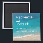 Ocean Magnet Beach Wedding Favor or Keepsake<br><div class="desc">Ocean magnet for a couple's beach destination wedding featuring their name, wedding date, and location with a deep turquoise blue tropical sea wave coming on shore to a soft sandy beach. These sturdy magnets are great to include with save the date cards, or used as a favor or keepsake for...</div>