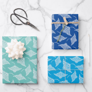 Ocean Manta Rays Polynesian Style Blue White Wrapping Paper Sheets