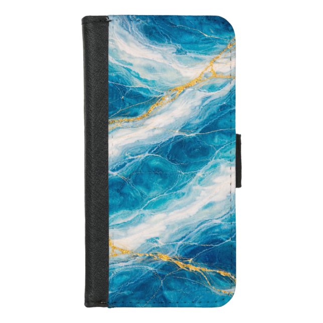 Ocean Marble with White Swirls and Gold Veining iPhone Wallet Case (Front)