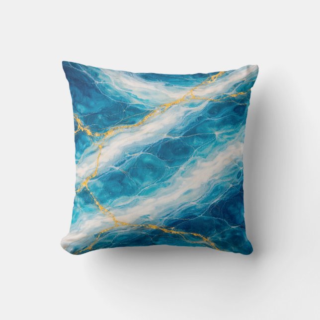 Ocean Marble with White Swirls and Gold Veining Throw Pillow (Front)