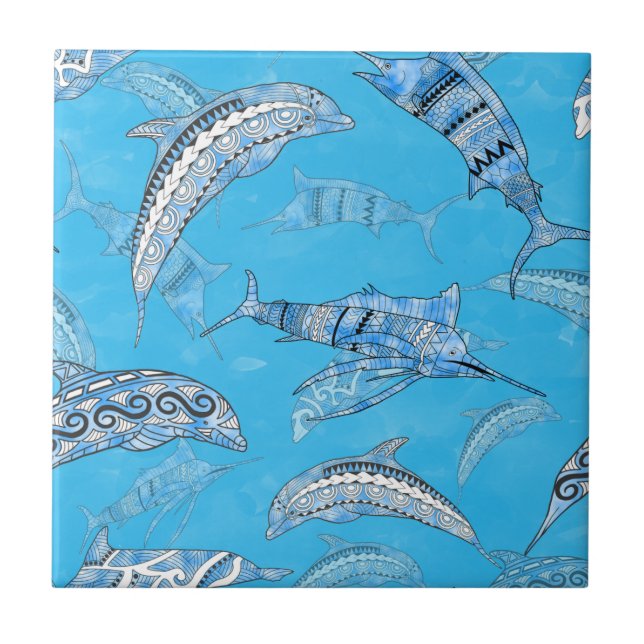 Ocean Marine Animals Dolphins Marlins Ceramic Tile (Front)