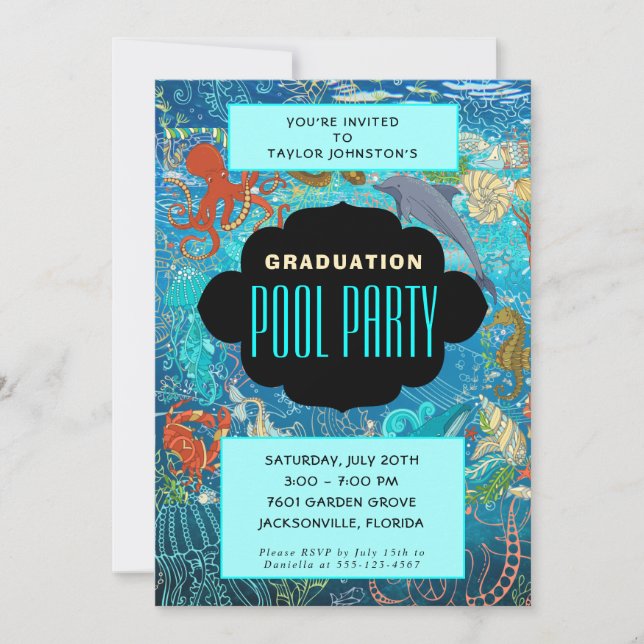 Ocean Marine Life Graduation Swimming Pool Party Invitation (Front)