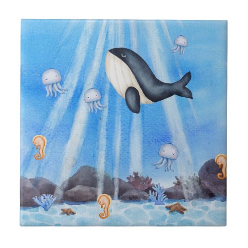 Ocean Marine Life Whale Jellyfish and Coral  Ceramic Tile