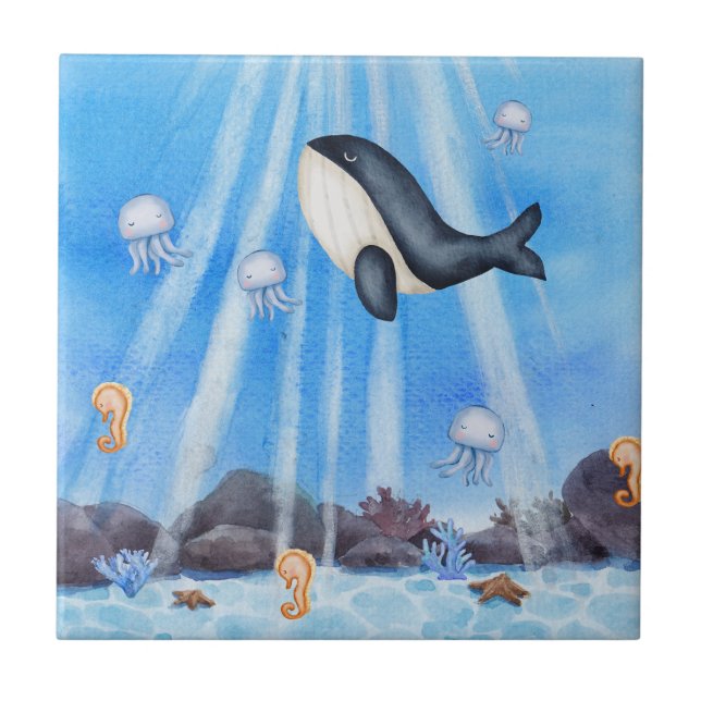 Ocean Marine Life Whale, Jellyfish and Coral  Ceramic Tile (Front)
