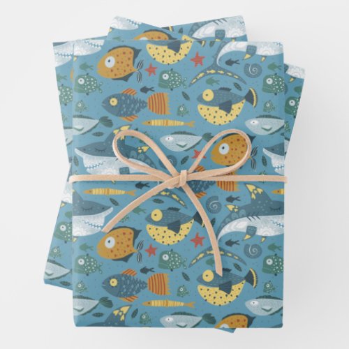 Ocean Marine Shark Sea Fish Seamless Pattern Wrapping Paper Sheets