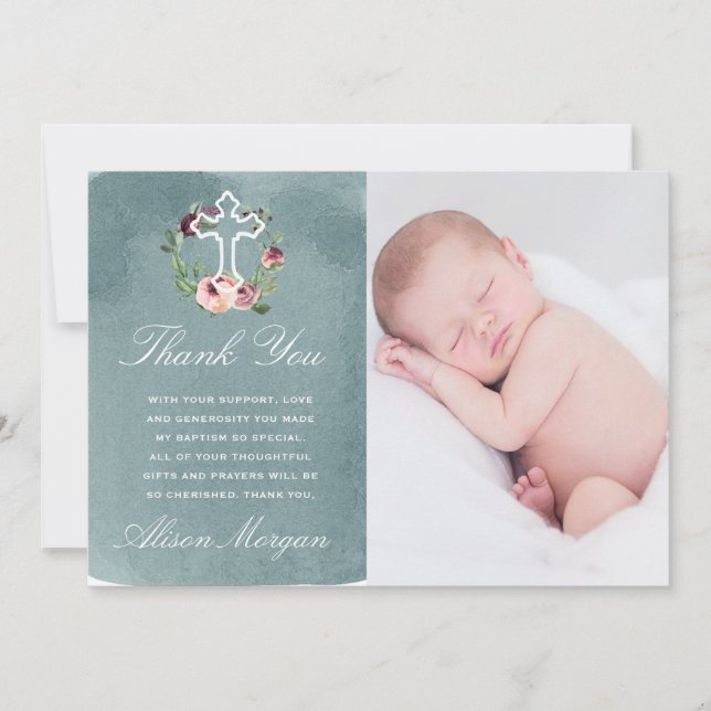 ocean marsala floral baptism thank you card (Front)