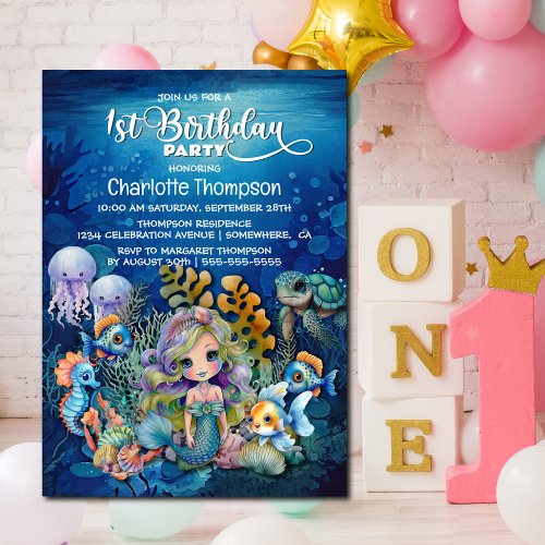 Ocean Mermaid 1st Birthday Party Invitation