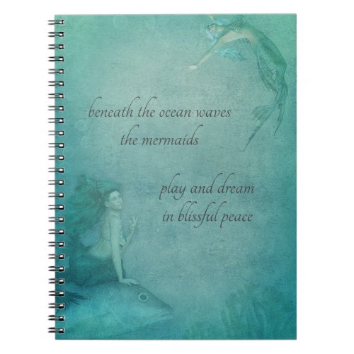 Ocean Mermaid Blue Green Whimsical Vintage Style Notebook