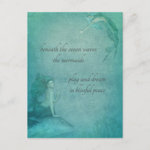 Ocean Mermaid Blue Green Whimsical Vintage Style Postcard