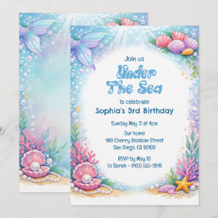Ocean Mermaid Girls Under the Sea Third Birthday Invitation