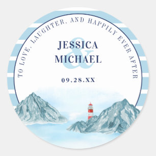 Ocean Mountain Lighthouse Blue Watercolor Wedding Classic Round Sticker
