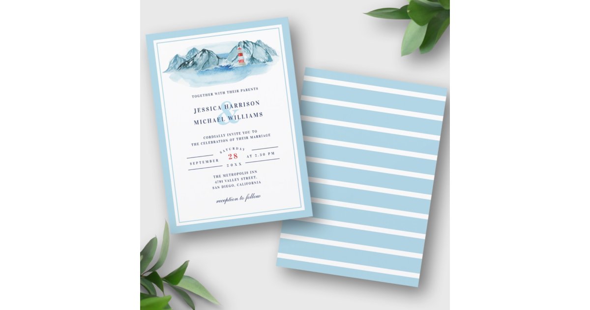 Ocean Mountain Lighthouse Blue Watercolor Wedding Invitation | Zazzle