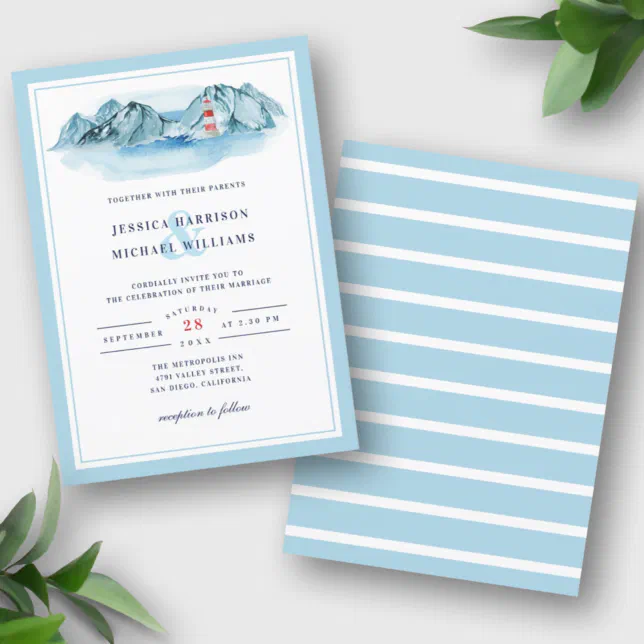 Ocean Mountain Lighthouse Blue Watercolor Wedding Invitation | Zazzle