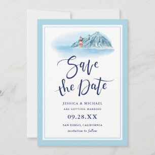 Ocean Mountain Lighthouse Blue Watercolor Wedding Save The Date