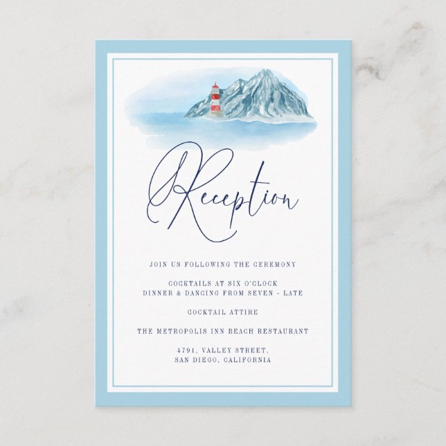 Ocean Mountain Lighthouse Light Blue Reception Enclosure Card (Front)