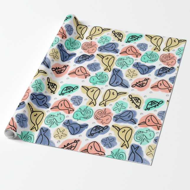 Ocean Narwhale Seahorse Turtle Doodles Wrapping Paper (Unrolled)