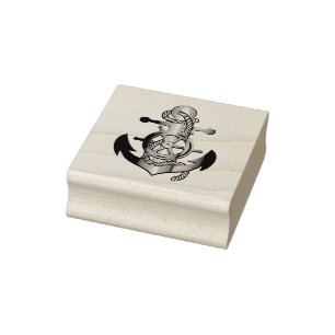 Ocean nautical ship wheel with anchor rubber stamp
