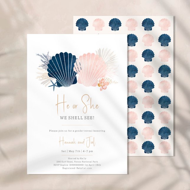 Ocean Navy and Blush Pink Gender Reveal He or She  Invitation (Creator Uploaded)