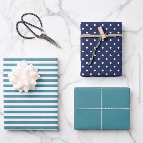 Ocean Navy Blue  Dark Cyan Stripe Polka Dot Plain Wrapping Paper Sheets