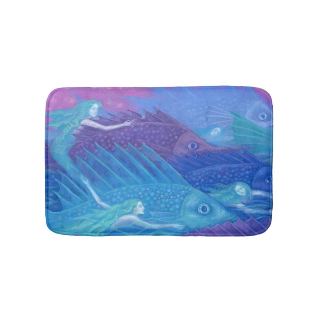 Ocean Nomads, Nautical Fantasy Art Mermaids & Fish Bath Mat (Front)