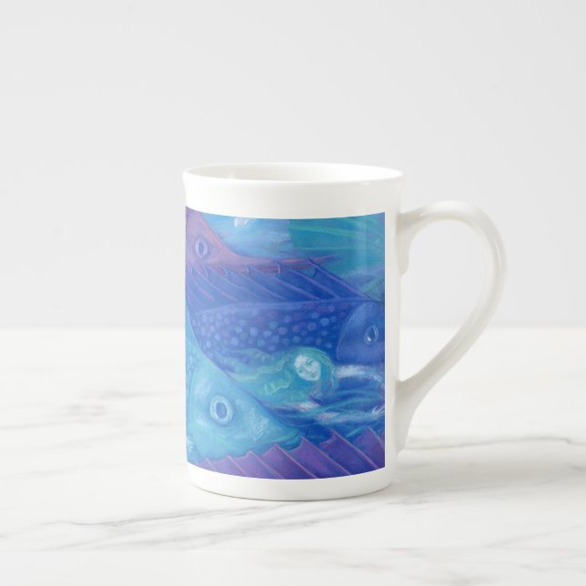 Ocean Nomads, Nautical Fantasy Art Mermaids & Fish Bone China Mug (Right)
