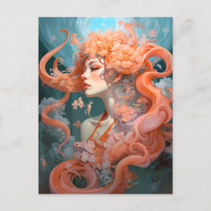 Ocean Nymph Coral Pink Blue Fantasy Art Postcard