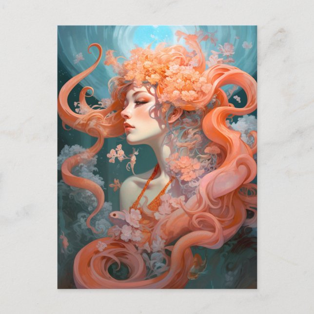 Ocean Nymph Coral Pink Blue Fantasy Art Postcard (Front)